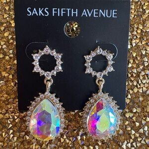 Saks Fifth Avenue NWT  Multicolor Gold Teardrop Earrings with Crystals.